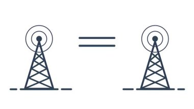 İki yayın kulesi karşı karşıya, görsel bir sinyal ile birbirlerine bağlanmış, doğrudan iletim ve iletişim yollarını vurguluyorlar.