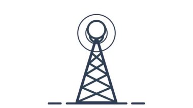 Radar çanaklarıyla donatılmış geleneksel bir yayın kulesi beyaz üzerine kurulmuş, istikrarlı altyapıyı ve sağlam iletişim sistemlerini temsil ediyor.