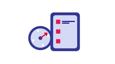 Dijital çalışma alanları veya uygulamalardaki zaman yönetimi, verimliliği veya zamanlamayı sembolize eden bir kontrol listesi ve saatin canlandırılmış simgesi