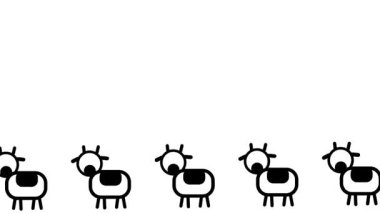 Beyaz bir arkaplanda sırayla yürüyen beş çizgi film ineği oyuncu ve organize bir animasyon tarzı yaratıyor.
