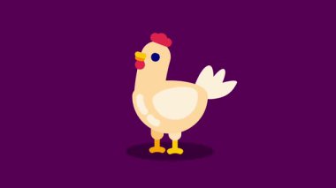 Tek bir tavuk, basit bir tasarımda kümes hayvanlarını, çiftlik hayvanlarını, gıda üretimini veya tarımsal imgeleri sembolize eden mor bir arka planda duruyor.