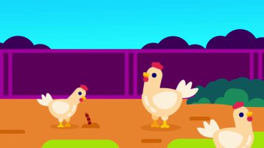 Birkaç tavuk yeşil ve mor bir bahçede toplanarak çiftlik hayatını, serbest hayvan bakımını ve kuşlar için doğal yaşam ortamlarını sembolize ediyor.