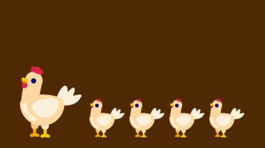 Anne tavuk yavrularını koyu bir arka plan boyunca takip eder. Beslenme, bakım ve hayvan ailelerindeki bağı sembolize eder.