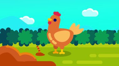 Yavrusuyla birlikte neşeli bir tavuk, yeşil bir çiftlik arazisinde parlak bir gökyüzünün altında doğayı, büyümeyi ve aile birliğini temsil ediyor.