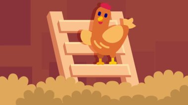 Kahverengi bir tavuk tavuk kümesi içinde ahşap bir rampaya tırmanır. Çiftlik ortamında hareketi, dengeyi ve günlük hayvan davranışlarını sembolize eder.