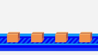 Turuncu kutular mavi bir taşıma bandı boyunca beyaz bir zemin üzerinde hareket ederek endüstriyel otomasyon ve hareket halinde ambalajı gösterir.