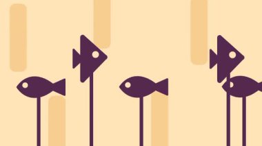 Yüzen ve senkronize hareket eden balık siluetlerini gösteren, su temalarını çağrıştıran ve geleneksel kukla tiyatrosunu canlandıran gölge kukla tarzı bir animasyon.