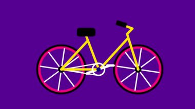 Pembe çerçeveli çarpıcı tekerlekleri olan canlı sarı bir bisiklet, koyu mor bir zemin üzerinde yoğunlaşır, cesur ve renkli bir minimalist görsellik yaratır.