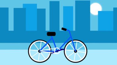 Şehir merkezinde çevre dostu ulaşımı sembolize eden, binalara karşı siluetli, kentsel bir çevrede mavi bir bisiklet park edilmiştir.