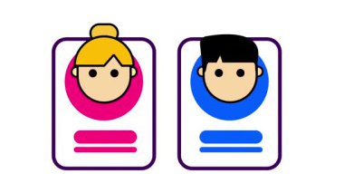 Erkek ve kadın avatarlarının yer aldığı iki profil kartı kişisel kimlik, çevrimiçi varlık ve kullanıcı etkileşimini vurguluyor