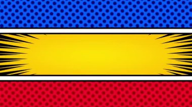 Sarı yatay çizgi roman paneli, noktalı mavi üst yarısı, oyuncu ve şık sahne bölümleri veya geçişler için mükemmel