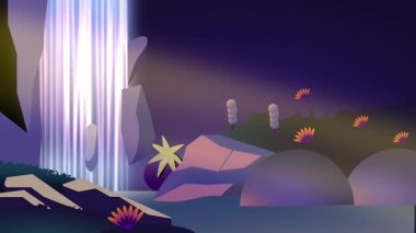 Arkasında yıldızlar olan yüzen bir kaya yapısından çağlayan gerçeküstü bir şelale fantezi, merak ve büyülü bir macerayı çağrıştırıyor.