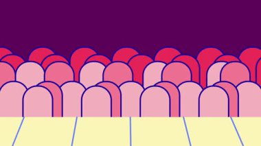 Sahneyi biçimlendirilmiş bir kalabalığı andıran yaratıcı pembe bir desen dolduruyor, birlik, hayal gücü ve renkli bir uyum sergiliyor.