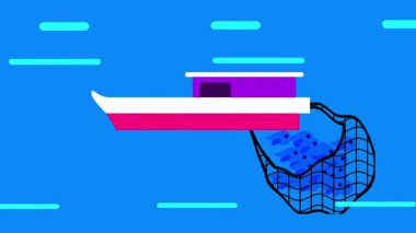 Animasyon bir balıkçı teknesi, sanayi, okyanus yaşamı, kaynaklar ve iş ve çevre arasındaki dengeyi simgeleyen bir ağ sürüklüyor.