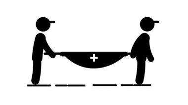 İki kişi acil durum tepkisini, takım çalışmasını ve acil durumlarda başkalarına yardım etmenin önemini simgeleyen bir sedye taşıyor.