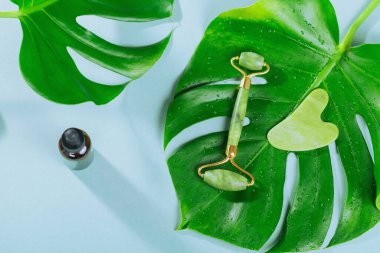 Masaj masörü, iki kafalı ve açık mavi arka planda yeşil taştan bir kazıyıcı. Güzellik yüz masajı terapisi, SPA kişisel bakım konsepti.