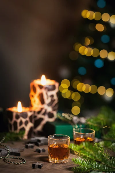 Two Shot Glasses Whiskey Bourbon Holiday Decoration Wooden Background New — Stock Photo, Image