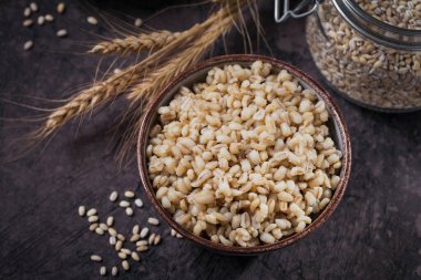 Bir kase kabuklu arpa taneleri koyu ahşap arka planda lapa. Sağlıklı ve diyet gıda konsepti.