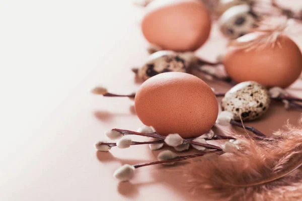 Easter background with natural color eggs, pussy willow branches and brown feathers on beige background. Free space for text