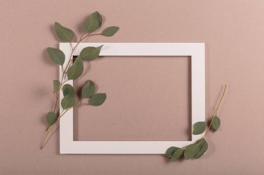 Mockup with beautiful fresh eucalyptus branches and empty frame over pastel beige background. Minimal business brand or advertising template. Flat lay, top view with copy space for text