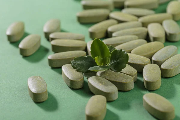 Herbal and Vitamin green pills healthy food with green leaves freely laid on green background for healthy eating in daily life