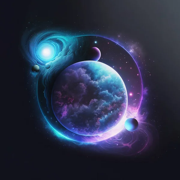 Fantastic cosmic wallpaper in blue and purple color palette depicting cosmic processes, the birth of planets, stars and galaxies. Generative AI