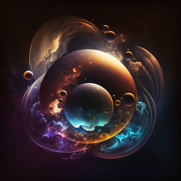 Fantastic circular space worlds, beautiful wallpaper in multi-colored colors, illustrating cosmic processes, the birth of planets, stars and galaxies. Generative AI