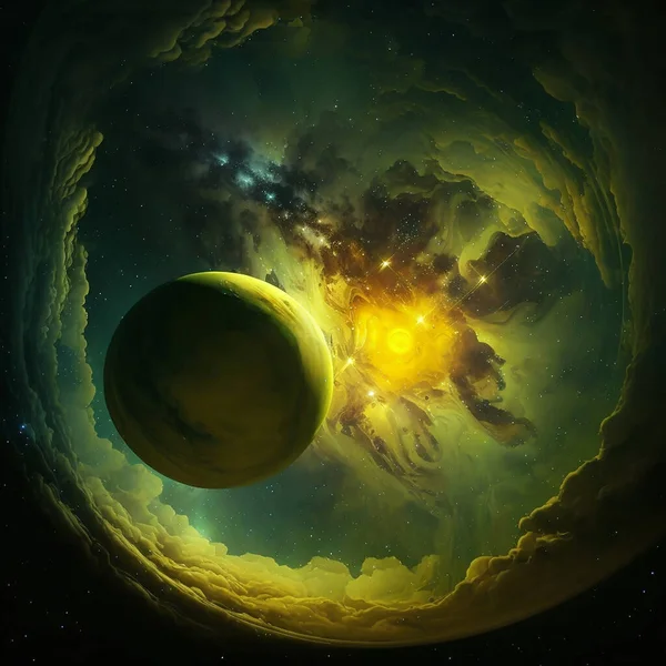 Fantastic circular space worlds, beautiful wallpapers in yellow and green colors, illustrating cosmic processes, the birth of planets, stars and galaxies. Generative AI