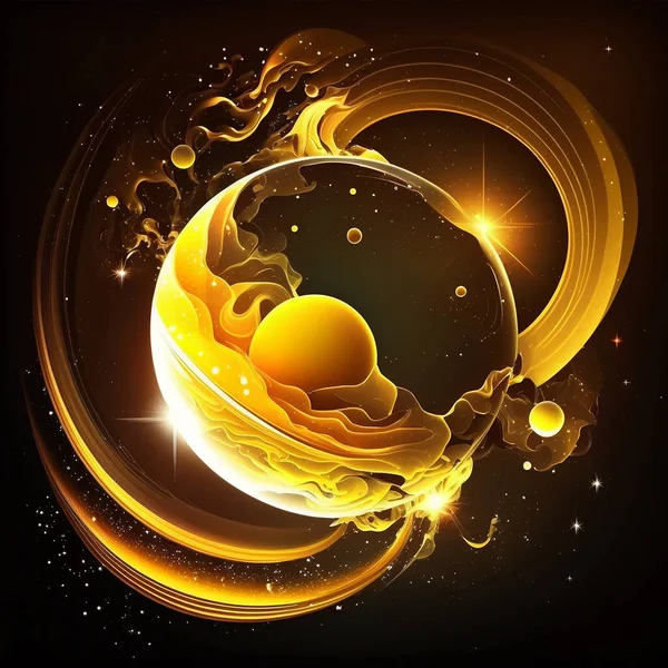 Fantastic circular space worlds, beautiful wallpaper in yellow-orange colors, illustrating cosmic processes, the birth of planets, stars and galaxies. Generative AI