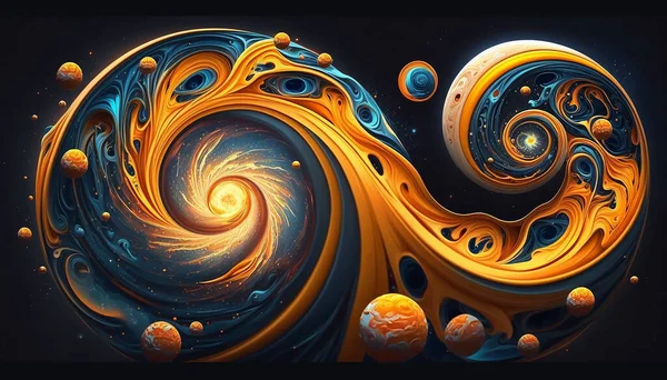 Fantastic spiral space worlds, beautiful wallpaper in yellow and blue colors, illustrating cosmic processes, the birth of planets, stars and galaxies. Generative AI