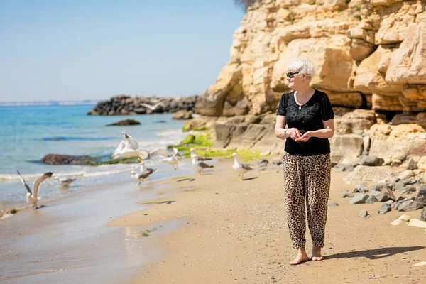 stock image Senior woman in dark sunglasses feeds seagulls on the rocky beach. Happy life in retirement