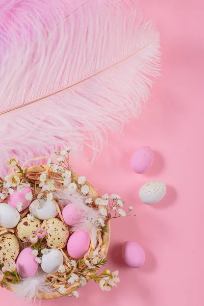 Easter Candy Chocolate Eggs Almond Sweets Lying Birds Nest Decorated — Stockfoto