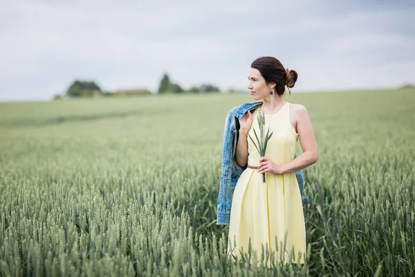 Lifestyle Portrait Young Stylish Woman Walking Wheat Field Holding Ears — Stock Photo, Image