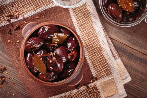 Bowl Pickled Plums Spices Rustic Wooden Background Clean Eating Vegetarian Imagen De Stock