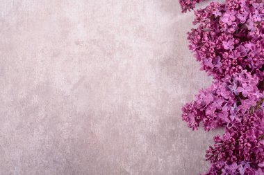 Güzel bahar leylak çiçekleri arka planı. Açık pembe masadaki mor leylak dallarından yapılmış çiçek deseni. Metin için boş yeri olan tebrik kartını yapılandırName