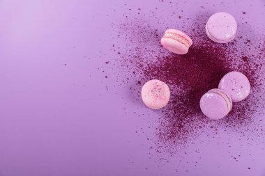 Pastel renginde tatlı Fransız kurabiyeleri ve mor arka planda kuru yabanmersini tozu. Pastane ve pastane için güzel bir kompozisyon. Metin için kopyalama alanı olan üst görünüm