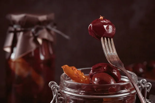 Preserving Pickled Plums Its Own Juice Seasonings Wooden Table Healthy 스톡 사진