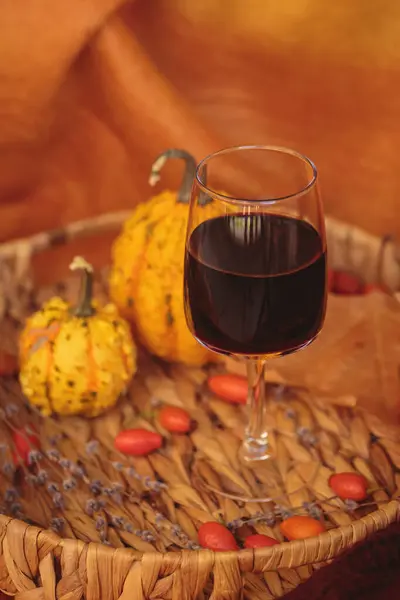 Glas Rött Vin Träbord Dekorerat Med Pumpor Och Torkade Blad — Stockfoto