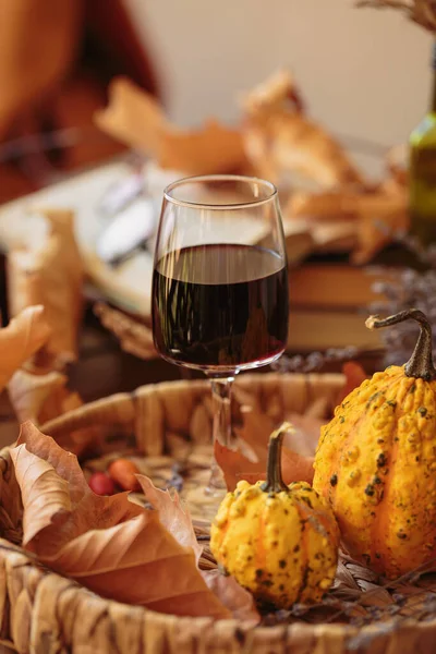 Glass Red Wine Wooden Table Decorated Pumpkins Dried Leaves Outdoor Stock Image