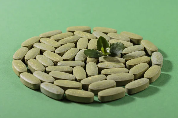 Herbal and Vitamin green pills healthy food with leaves laid on green background for healthy eating in daily life. Tablets lie in the shape of a circle