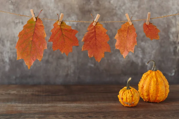 Ürün için boş bir yer, balkabağı dekoru ve kırsal arka planda renkli sonbahar yapraklarından oluşan ev yapımı bir çelenk. Sonbahar Mevsimlik Arkaplanı. Şükran Günü modeli.