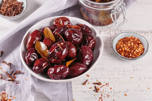 Preserving Pickled Plums Its Own Juice Seasonings Wooden Table Healthy 스톡 이미지