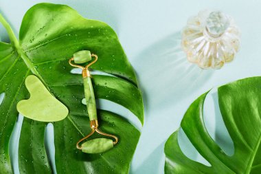 Masaj masörü, iki kafalı ve açık mavi arka planda yeşil taştan bir kazıyıcı. Güzellik yüz masajı terapisi, SPA kişisel bakım konsepti.