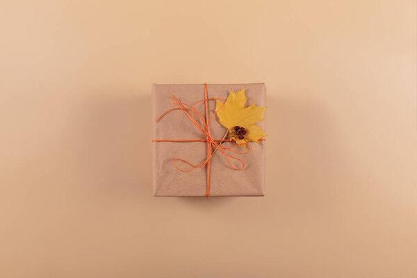 Autumn vibes, Thanksgiving day present, seasonal sale concept. Handcrafted gift box with autumn leaves. Fall composition