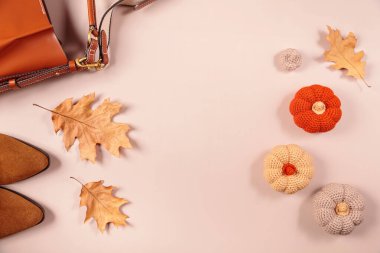 Kadınlar sonbahar yapraklarıyla dizilmiş sonbahar aksesuarları mavi arka planda mevsimsel stil eğilimlerini metin için yer ile vurguluyor.