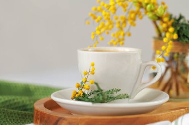 Bir fincan kahve, taze mimoza çiçekleriyle birlikte ahşap bir tepside oturur. Sıcak ve zarif bir bahar havası yaratır..