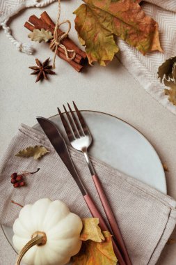Sonbahar masasında peçete, çatal bıçak, balkabağı ve meşe yaprağı olan seramik tabağın yakın çekimi...