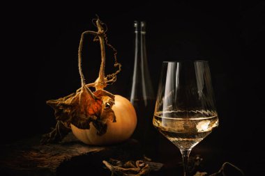 Glass of white wine with pumpkin bottle and dried leaves on rustic wooden surface in dark setting