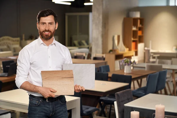 Confident Male Interior Designer Presenting Wooden Laminated Samples Selection Furniture — Stock Photo, Image