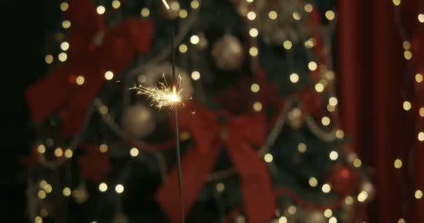 Zblízka Jiskry Hořící Doma Pokoj Studio Zdobené Velkým Krásným Vánoční — Stock video